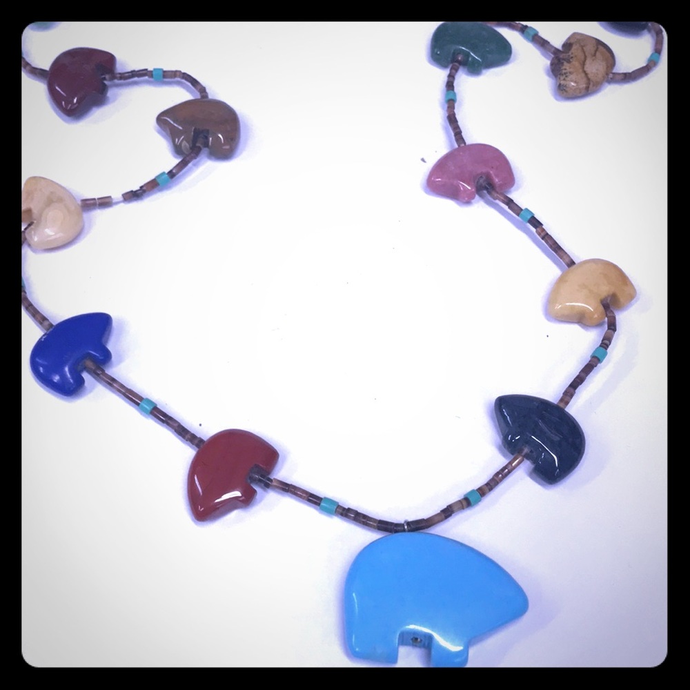 Native Multi Gemstone Bear Necklace W/Turquoise - image 1